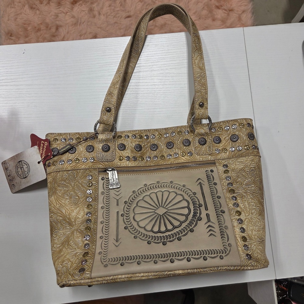 Trinity Ranch Tan Tooled Leather Western Studded Tote Bag TR116G-8317 NEW